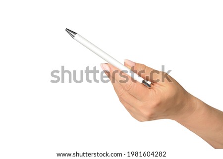 Pen in hand. Classic mock up for branding, sale and design on white background