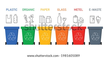 Garbage different types icons. Waste separation plastic,paper,metal,organic,glass,e waste. recycling infographic. isolated on white background. vector illustration in flat style modern design. Royalty-Free Stock Photo #1981605089