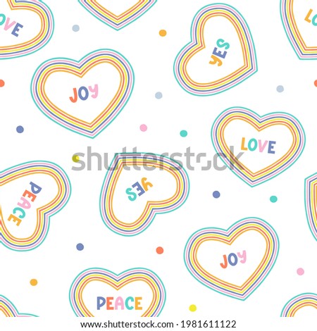 Groovy rainbow heart with text Love Peace Joy vector seamless pattern. Colourful modern hippie typographical summer dotty background. 