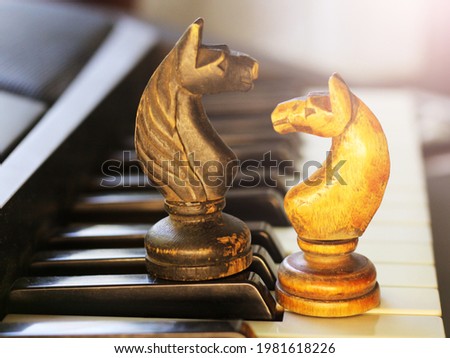 Two pieces horses chess on piano keys