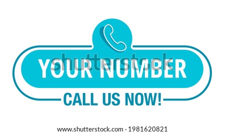 Call us Now blue centered button or address block - template for phone number in website header - conspicuous sticker with phone headset pictogram
