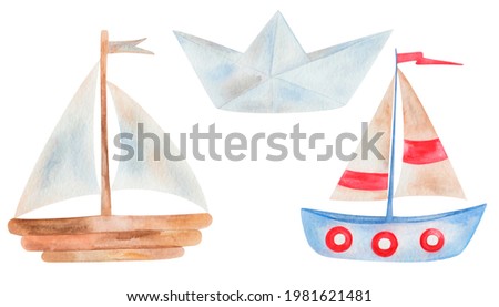 Watercolor hand painted sailing ships origami from folded paper, wooden with flag and sails isolated on white. Marine toy boat beige, red, blue clip art vessel for summer card making, postcards design
