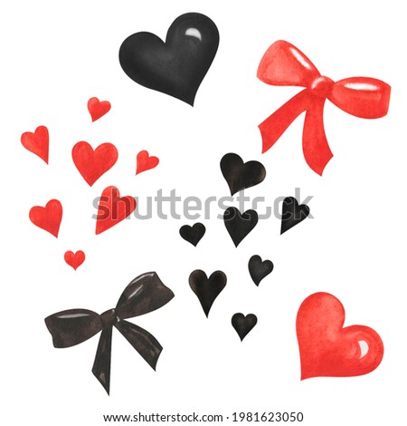 Watercolor hand drawn black and red hearts big and small, bows and ribbon. Isolated on white clip art for fabric textile, print, design making cards, shopping posters, wrapping paper. Love theme