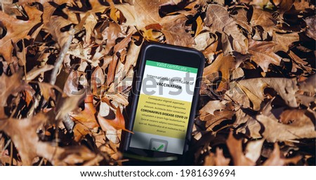 Composition of smartphone with covid 19 international certificate of vaccination in autumn leaves. global coronavirus pandemic, health and covid 19 passport concept digitally generated image.