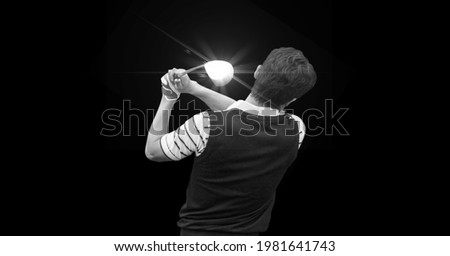Composition of male golf player with golf club and copy space in black and white. sport and competition concept digitally generated image.