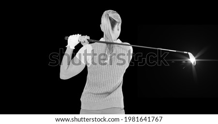 Composition of caucasian female golf player with golf club and copy space in black and white. sport and competition concept digitally generated image.