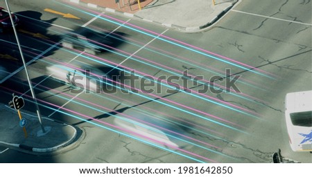 Composition of network of light trails and connections over cityscape. global technology and networks concept digitally generated image.