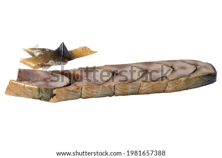 Smoked herring, chopped and oroginally stacked. Herring skins. Isolated on a white background.