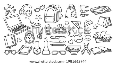 Back to School doodle sketch cartoon set. Learning school flat icon line collection. First day of school equipment, Education concept icon kit. Scissors, laptop, glasses book backpack, paints vector