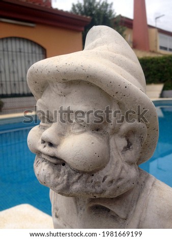 Forest gnome statue next to a pool, detail of the face