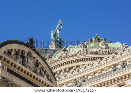 Architectural details of Opera National de Paris (Garnier Palace) - Famous neo-baroque opera building in Paris, France. Opera - UNESCO World Heritage Site.