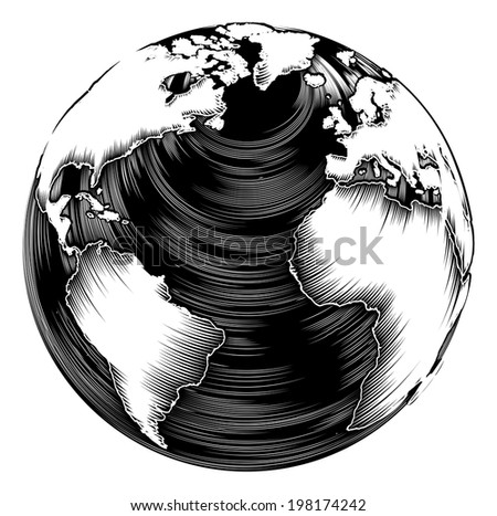 Vintage world globe illustration in a retro woodblock style