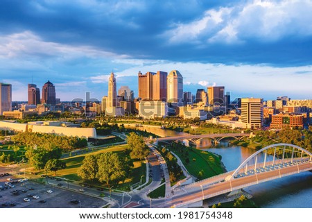 Aerial view of Columbus City Ohio with Scioto river during sunset 