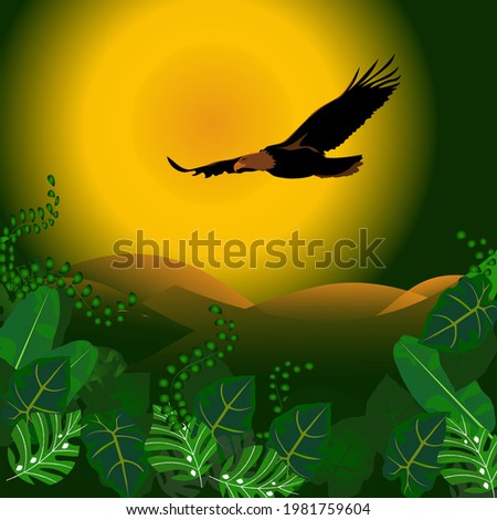 Vector illustration of, background, sun and eagle flying. with leaves for greeting cards, posters, banners and placards