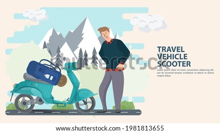 Illustration in a flat cartoon style for the design design, a man stands next to a scooter on which a tourist backpack is lying on the background of a forest and mountains