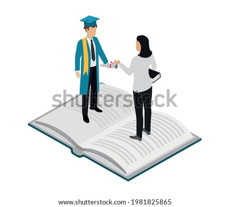 Graduation ceremony concept isometric illustration. Isometric illustration of graduating student and teacher.