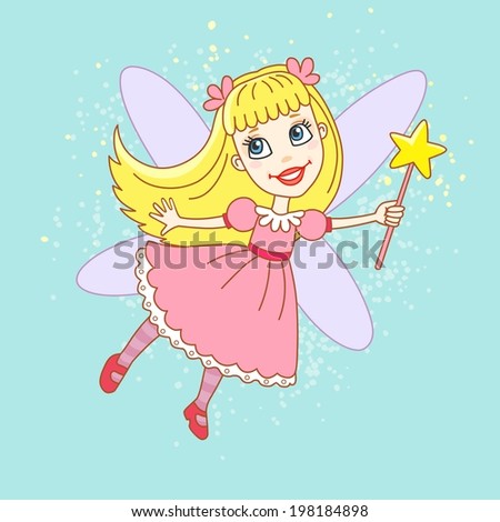 cute little tooth fairy in a pink dress with wand on abstract background