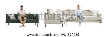 Man resting on stylish sofas against white background, collage. Banner design