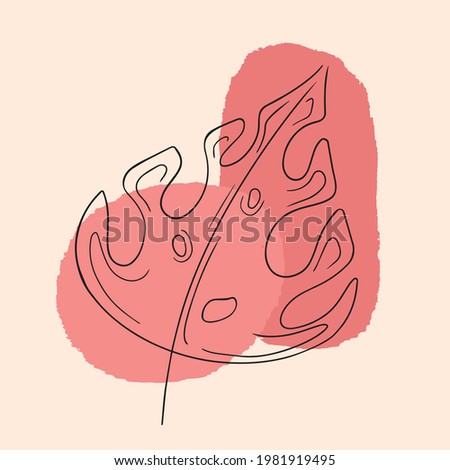 Vector drawing line art doodle pink  monstera plant with leaves summer 