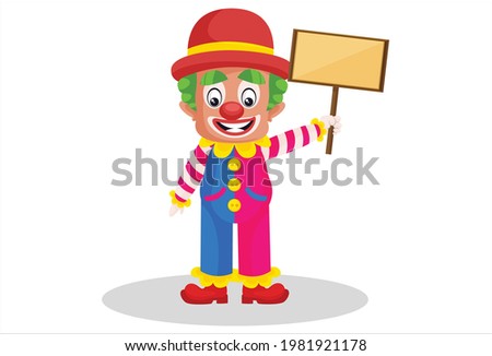 Joker is holding the signboard in hand. Vector graphic illustration. Individually on white background.