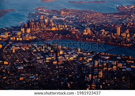 Boston,Massachusetts, USA - Aerial view of Boston skyline at sunset in winter Boston,Massachusetts, USA