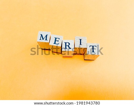 MERIT, alphabet words , made from wooden blocks