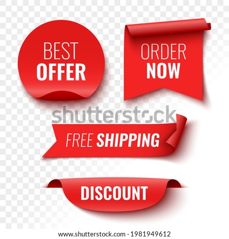 Best offer, order now, free shipping and discount sale banners. Red ribbons, tags and stickers. Vector illustration.