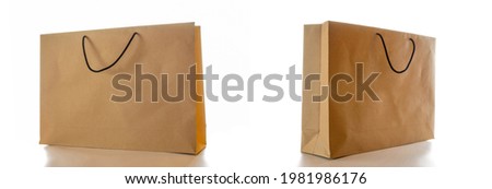 Old paper bag. Brown package set with kraft recycle texture, empty blank space for design mockup isolated on white background. Delivery service concept. Copy space. Advertising area