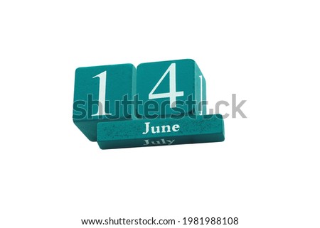 Classic wooden calendar isolated on white background with date June 14 - American Flag Day