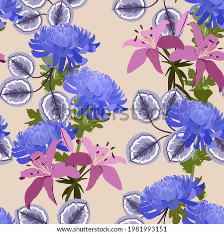 Seamless background with Japanese chrysanthemums and lily. For decoration textile, packaging, wallpaper. Vector illustration.