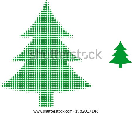 Fir tree halftone dotted icon illustration. Halftone pattern contains circle pixels. Vector illustration of fir tree icon on a white background. Flat abstraction for fir tree symbol.