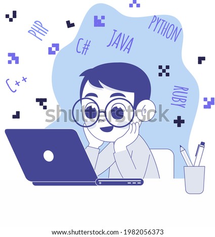 Happy boy with a laptop, online coding course concept flat design illustration, e-learning, java, python, PHP, online coding, stem learning, 