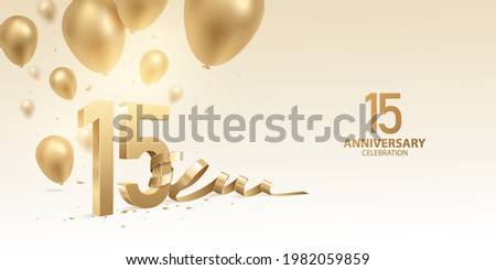 15th Anniversary celebration background. 3D Golden numbers with bent ribbon, confetti and balloons.
