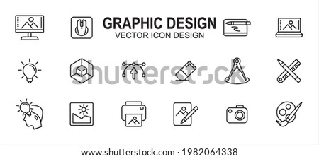 Graphic visual design related vector icon user interface graphic design. Contains such icons as computer, mouse, pen tablet, laptop, idea, light bulb, anchor, handle, eraser, pencil, ruler, photo Royalty-Free Stock Photo #1982064338