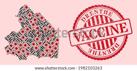 Vector collage Drenthe Province map of corona virus, vaccination icons, and red grunge vaccination seal. Virus items and vaccine particles inside Drenthe Province map.