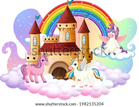 Many cute unicorns cartoon character with castle on the cloud illustration