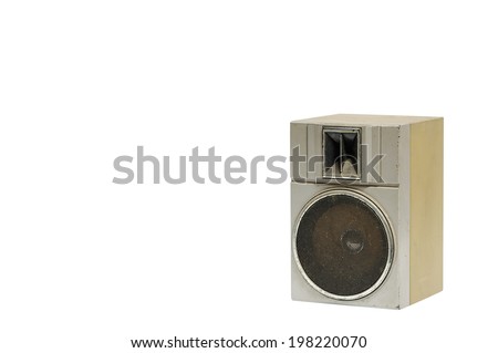 Single old, dusty stereo speaker on white background, clipping path.