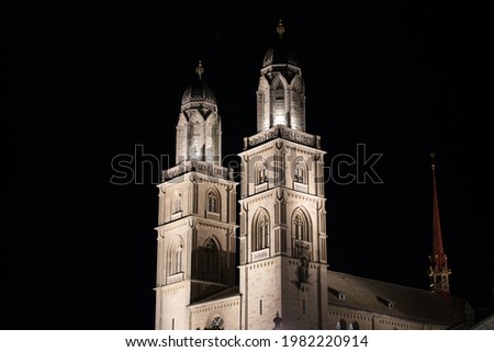 Church Grossmünster (Great Minster) at the old town of Zurich at night. Photo taken May 29th, 2021, Zurich, Switzerland.