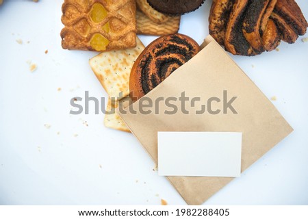 Assorted pastries goods template with white empty business card
