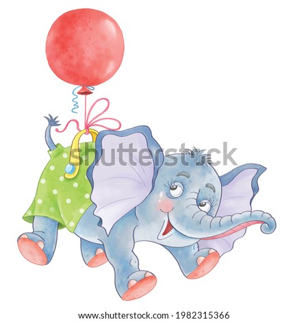 Cute baby elephant flying with a balloon. Greeting card, poster, illustration for children