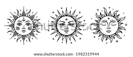 Set of boho sun. Vector silhouette design. Alchemy and astrology symbol. Solar sign. Monochrome celestial print. Engraving vintage illustration.