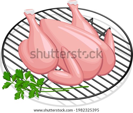 Vector illustration of raw whole chicken placed on grill arranged with parsley leaf ,isolated