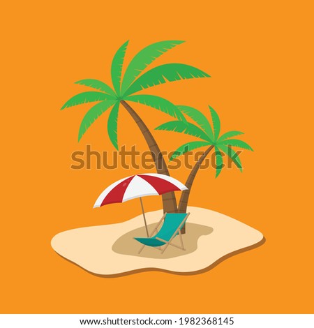 
Vacation and travel concept. Beach umbrellas, beach chairs and coconut trees. Flat vector design isolated on orange background.