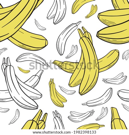 Yellow Banana hand drawn seamless pattern for textile, print, background, highlights. Vector illustration