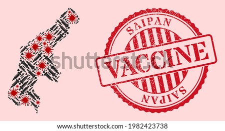 Vector collage Saipan Island map of covid-2019 virus, dose icons, and red grunge vaccination seal. Virus particles and syringe particles inside Saipan Island map.