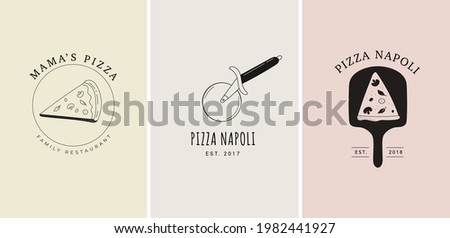 Set of trendy hand drawn Italian pizza logos, elements, illustrations. Arisan pizza concept design