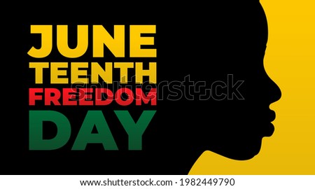 Juneteenth freedom day June 19 modern creative banner, sign, design concept, social media post with red, green, yellow text on a black  and yellow abstract background with african woman silouhette. 
