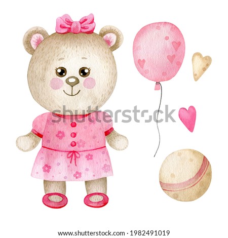 Cute cartoon bear girl dressed in pink dress with pink balloon, ball, two hearts. Watercolor illustration isolated on white.
