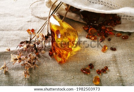 Shine amber stones and dried flowers on a linen background. Still-life with amber on canvas
 Royalty-Free Stock Photo #1982503973
