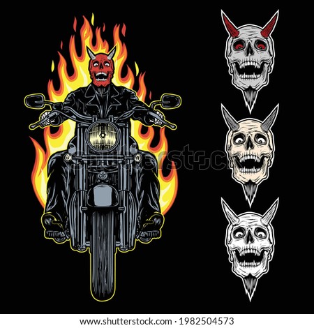 Hell biker skull vector logo riding motorcycle with fire